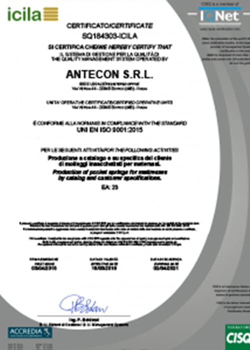 ISO 9001:2015 quality management certificate for pocket spring components