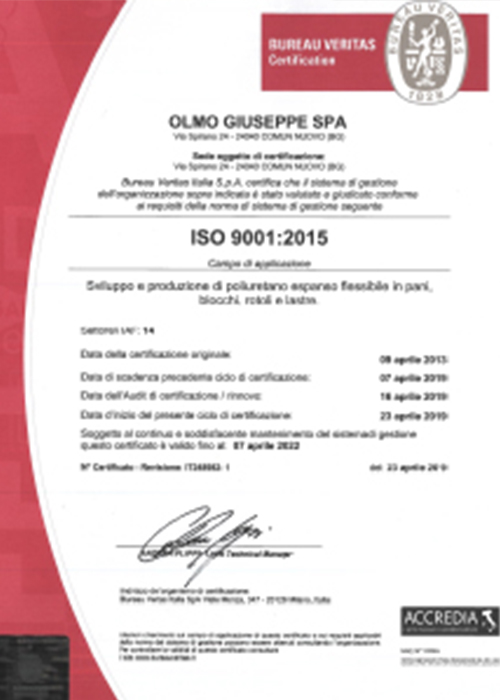 ISO 9001:2015 quality certificate for polyurethane foam materials