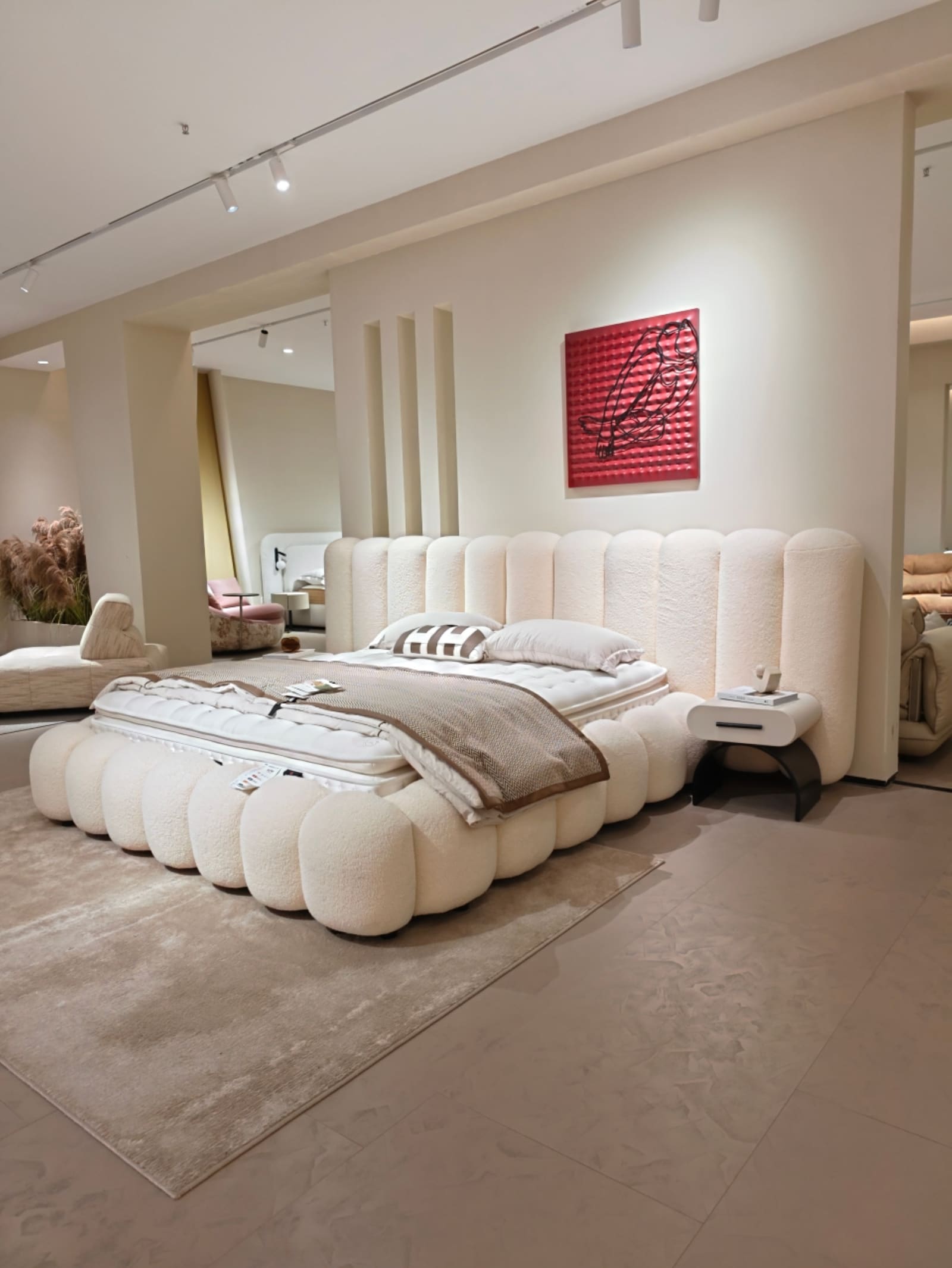 Curved Velvet Upholstered Platform Bed with Channel-Tufted Headboard 2