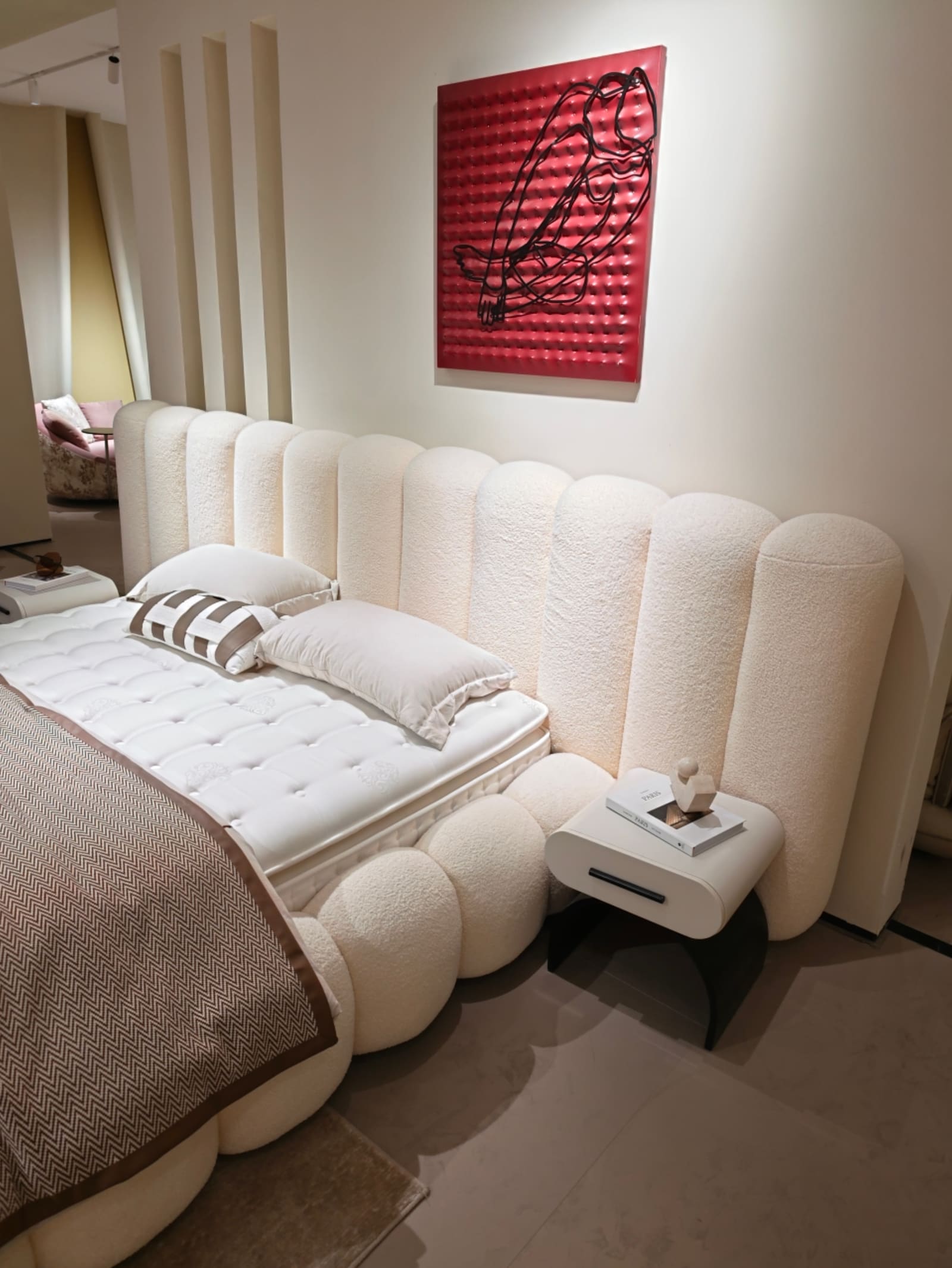 Curved Velvet Upholstered Platform Bed with Channel-Tufted Headboard 4