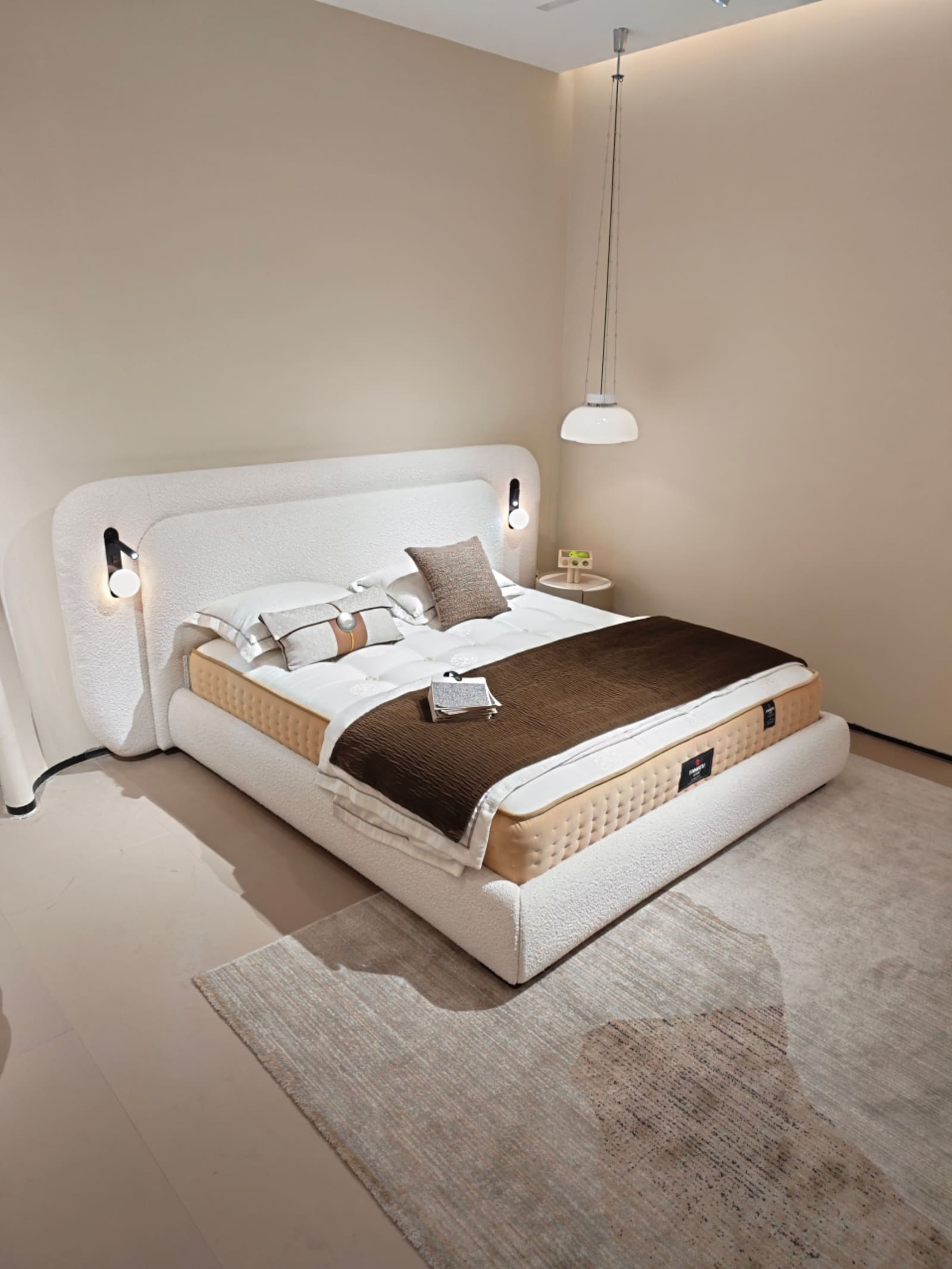 Boucle Wingback Platform Bed with Curved Headboard