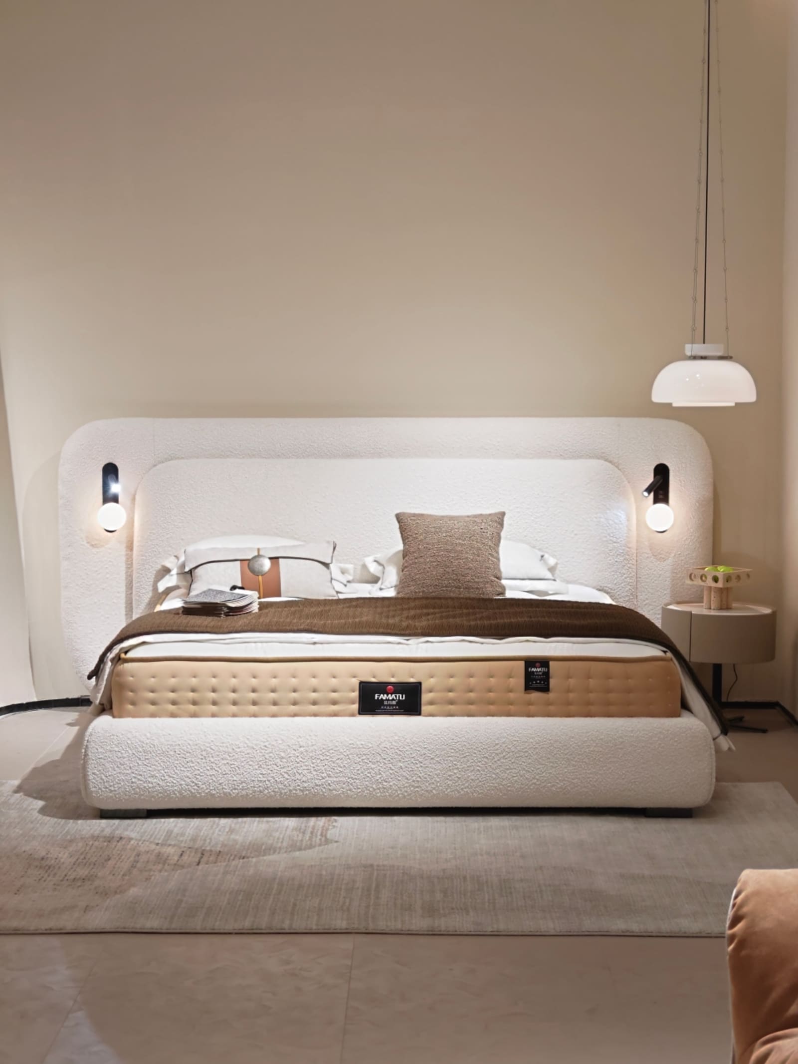 Boucle Wingback Platform Bed with Curved Headboard 3