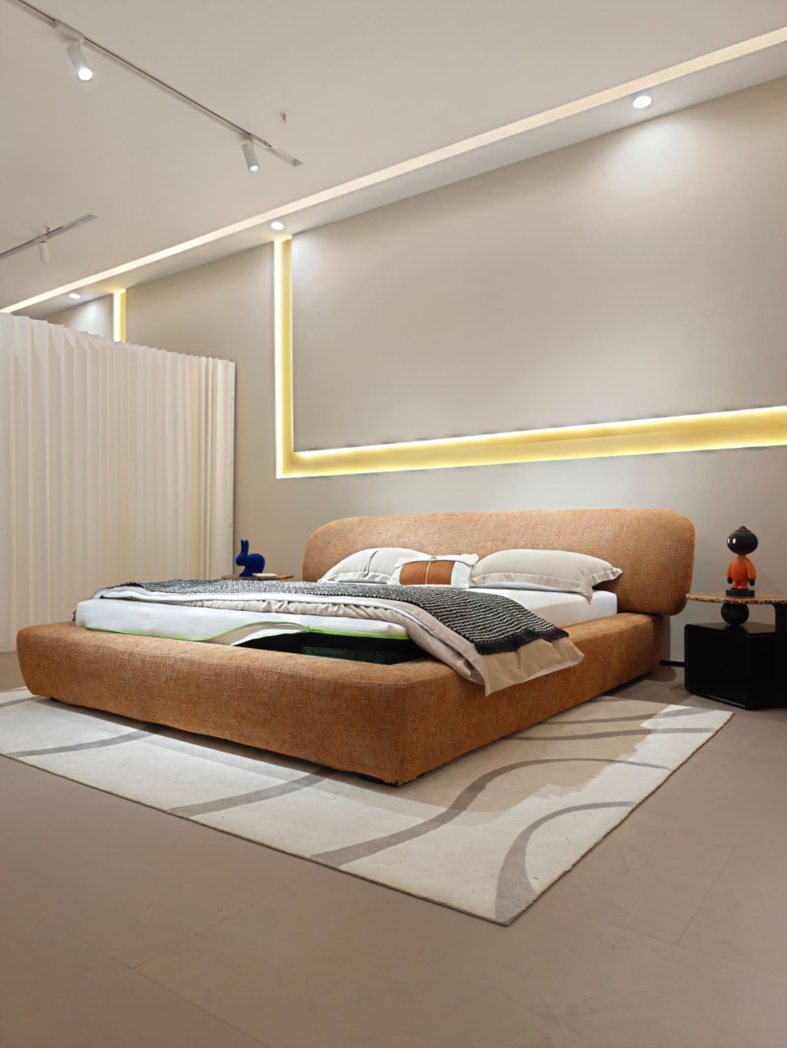 Linen Upholstered Platform Bed with Asymmetrical Curved Headboard 2