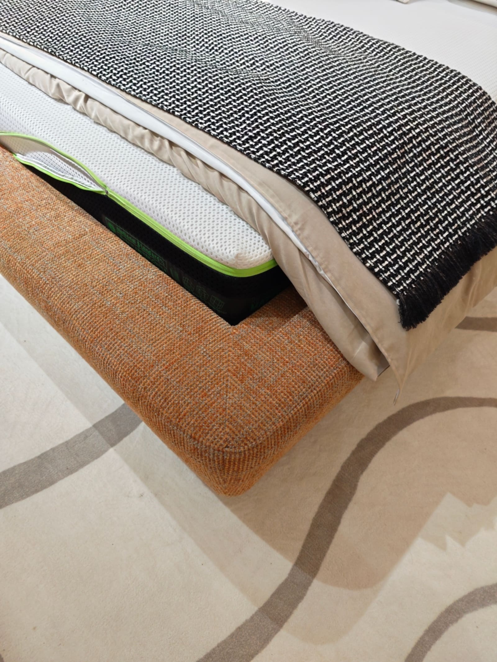 Linen Upholstered Platform Bed with Asymmetrical Curved Headboard 5