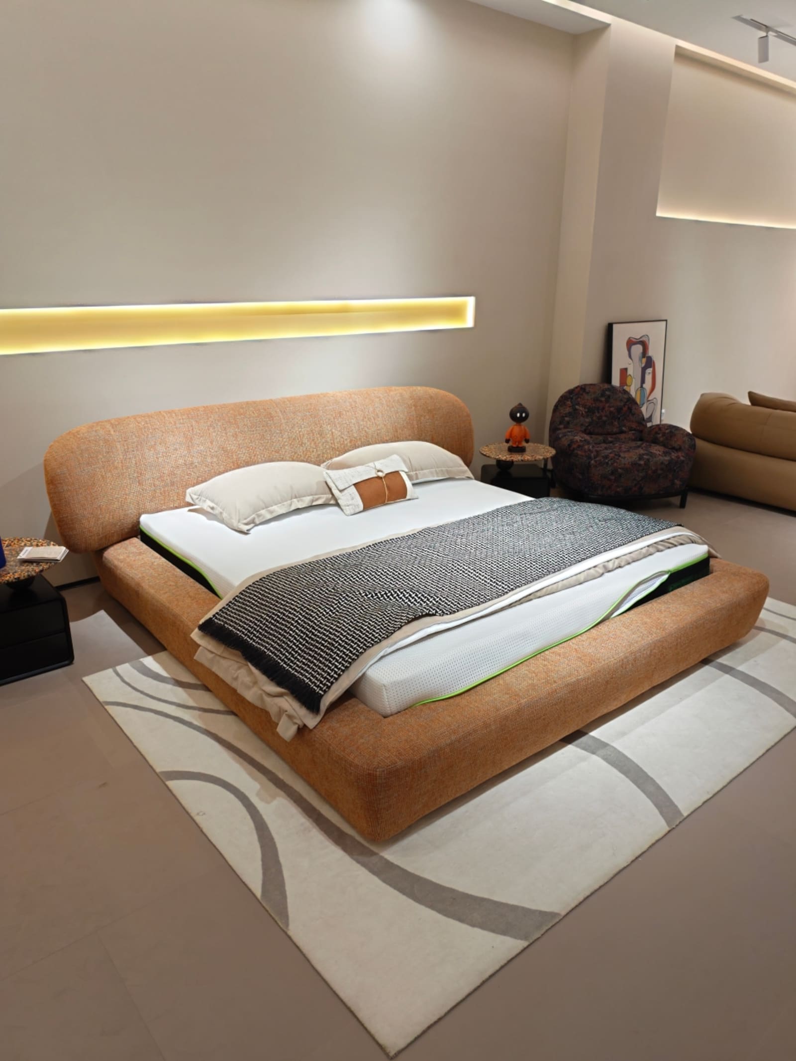 Linen Upholstered Platform Bed with Asymmetrical Curved Headboard 6