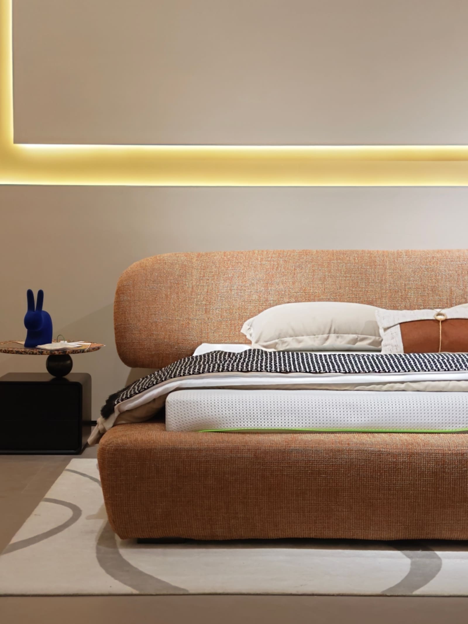 Linen Upholstered Platform Bed with Asymmetrical Curved Headboard 10
