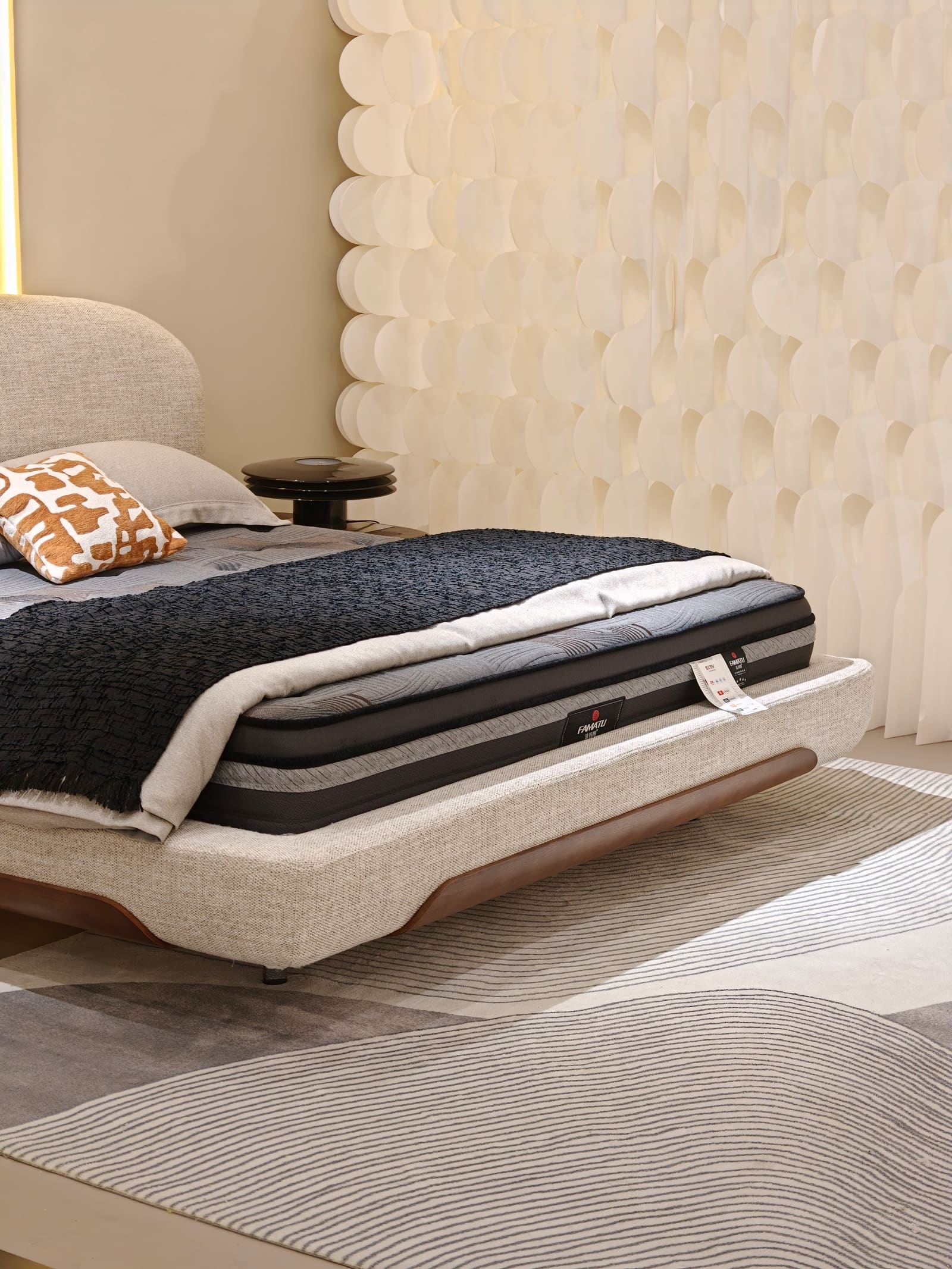 Linen Upholstered Platform Bed with Arched Scalloped Headboard 14