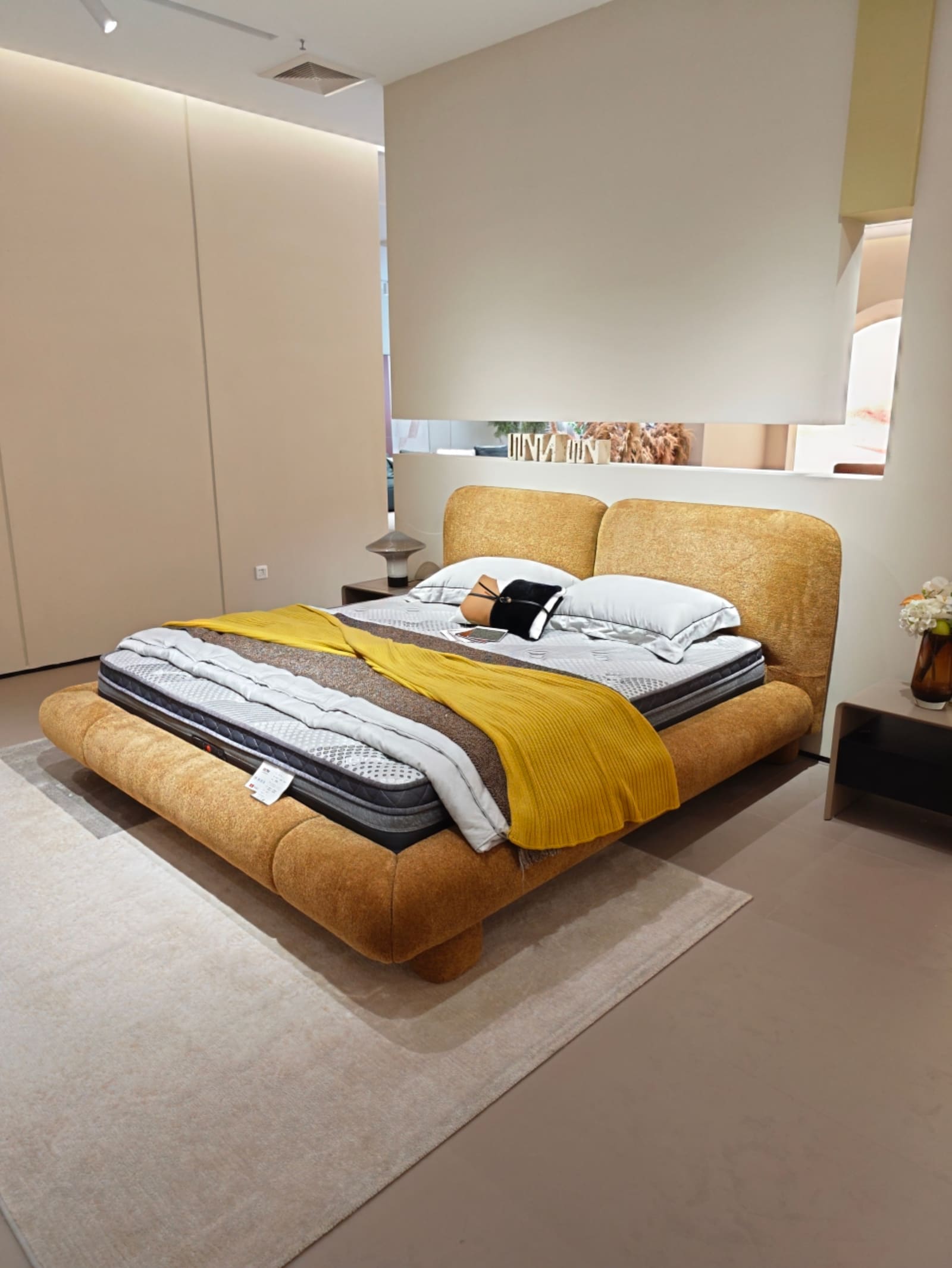 Chenille Upholstered Platform Bed with Dual Panel Headboard 2