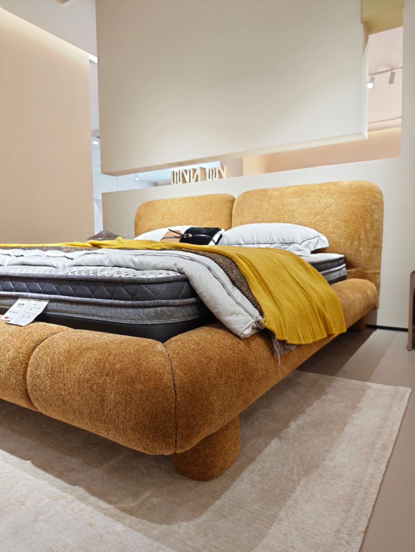 Chenille Upholstered Platform Bed with Dual Panel Headboard 6