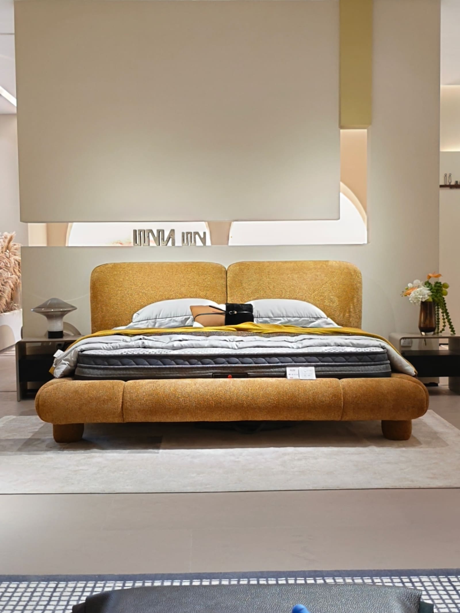 Chenille Upholstered Platform Bed with Dual Panel Headboard 11