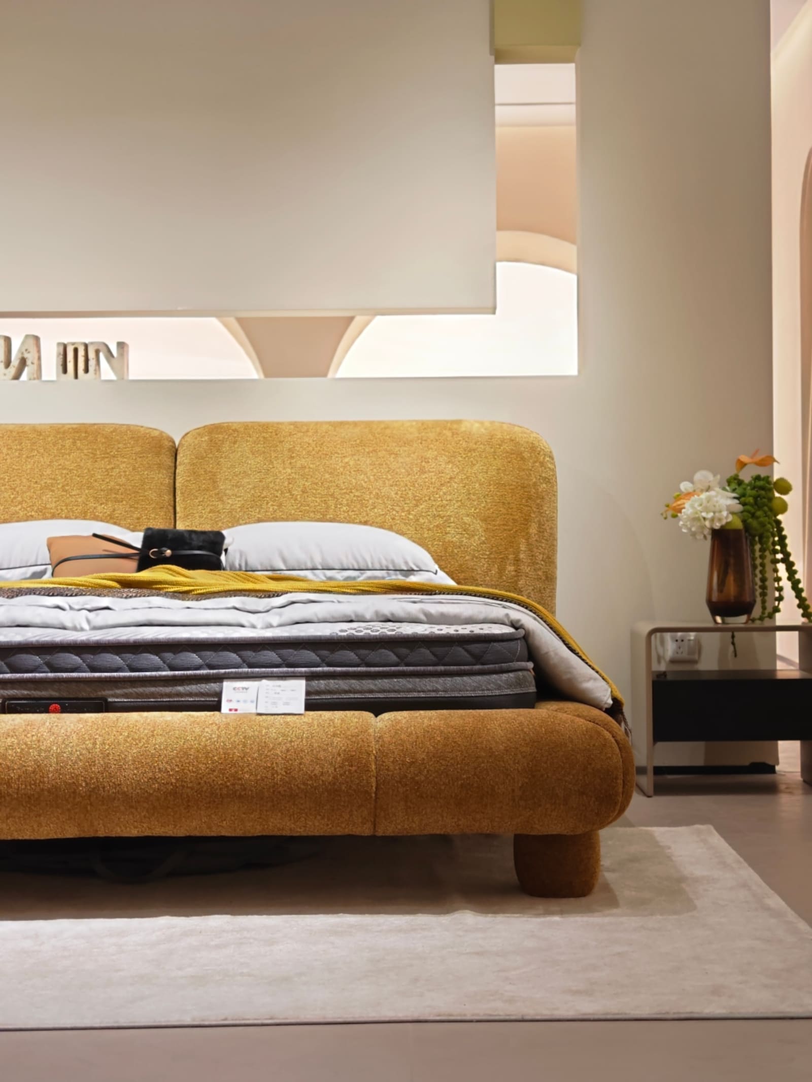 Chenille Upholstered Platform Bed with Dual Panel Headboard 12