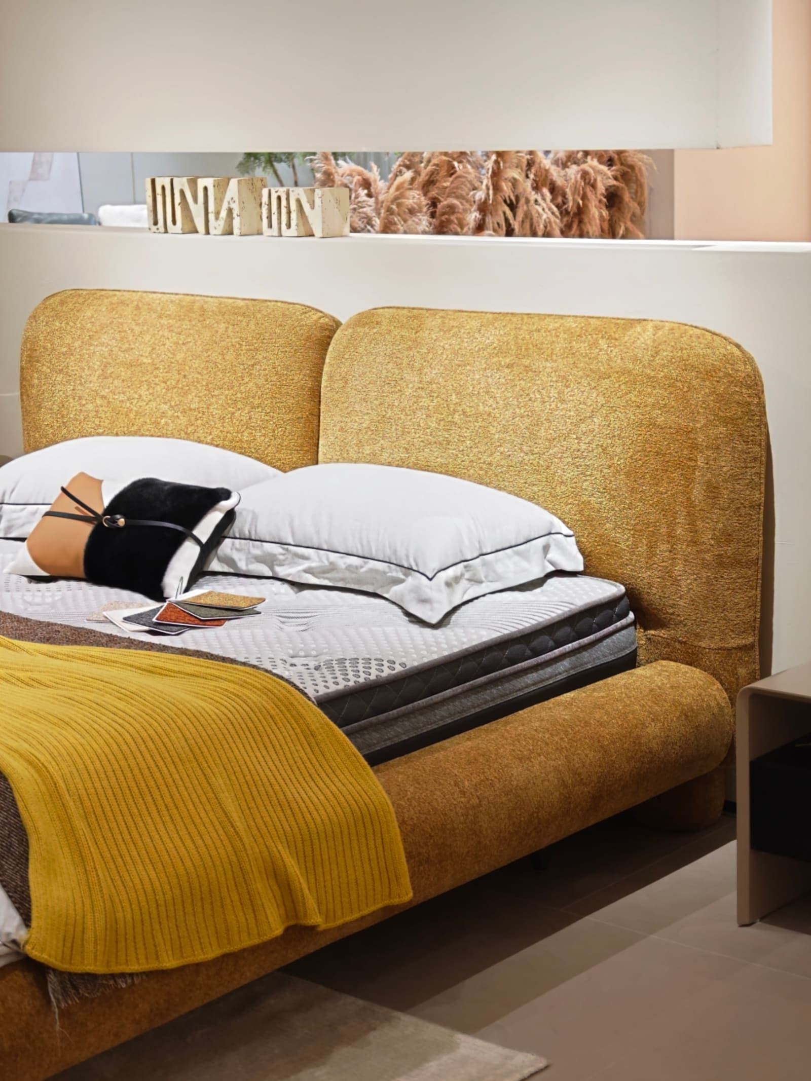 Chenille Upholstered Platform Bed with Dual Panel Headboard 13