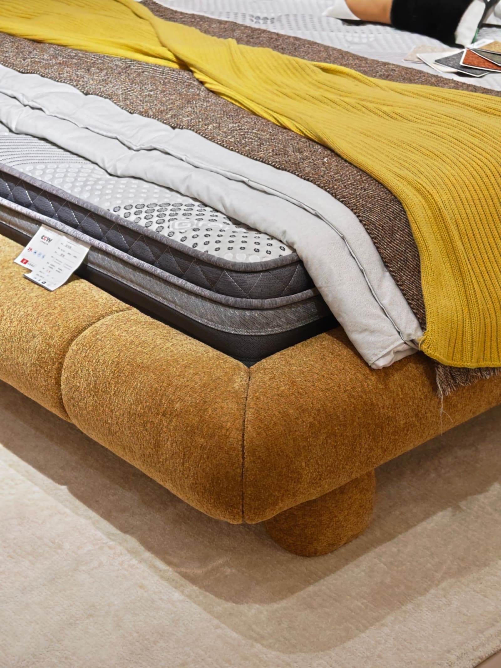 Chenille Upholstered Platform Bed with Dual Panel Headboard 14