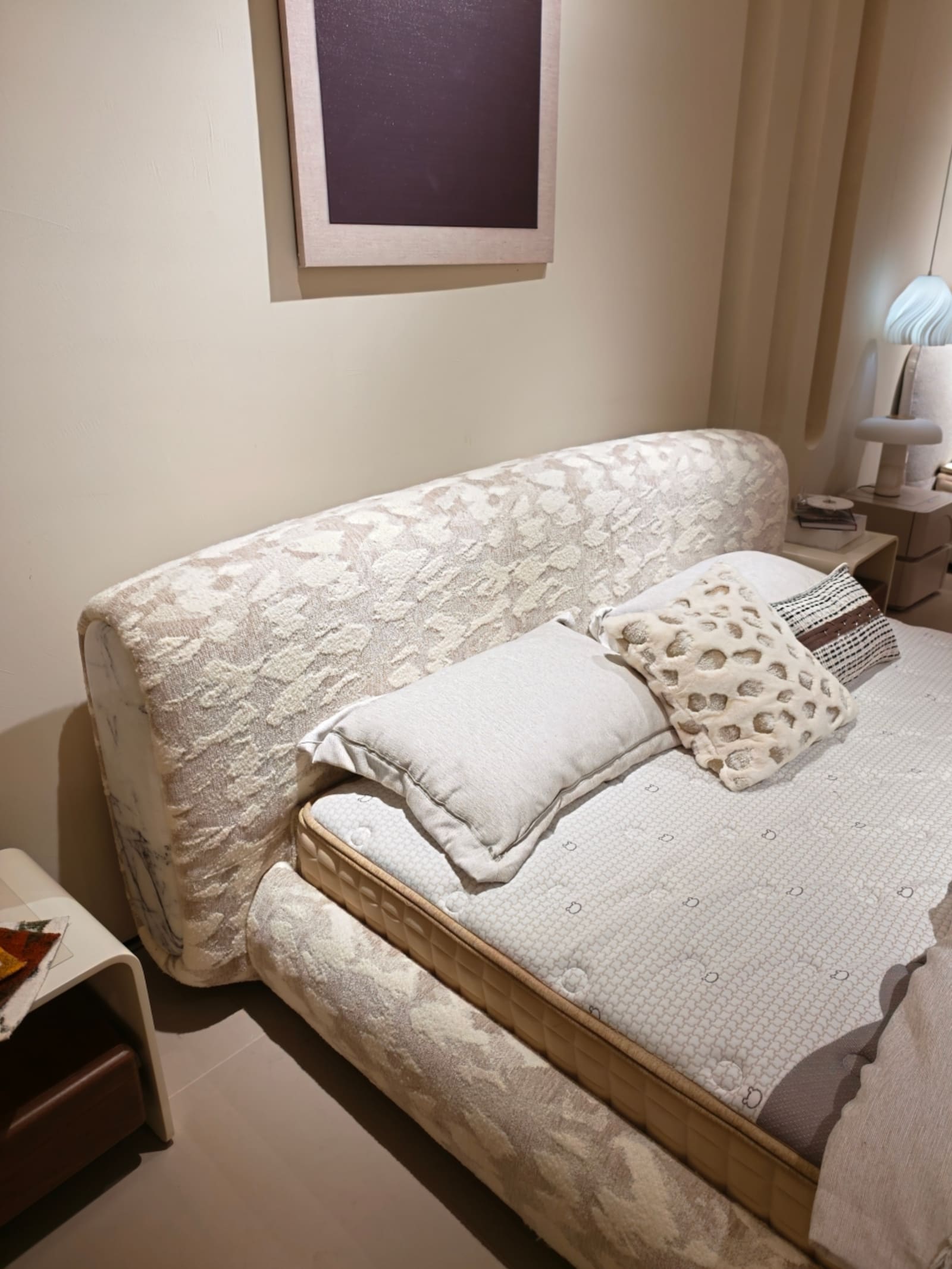 Chenille Upholstered Platform Bed with Botanical Print and Scalloped Headboard 2