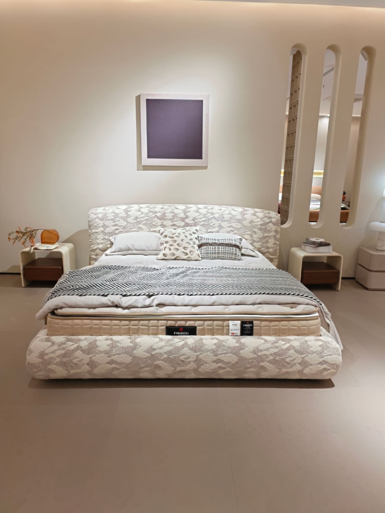 Chenille Upholstered Platform Bed with Botanical Print and Scalloped Headboard 6