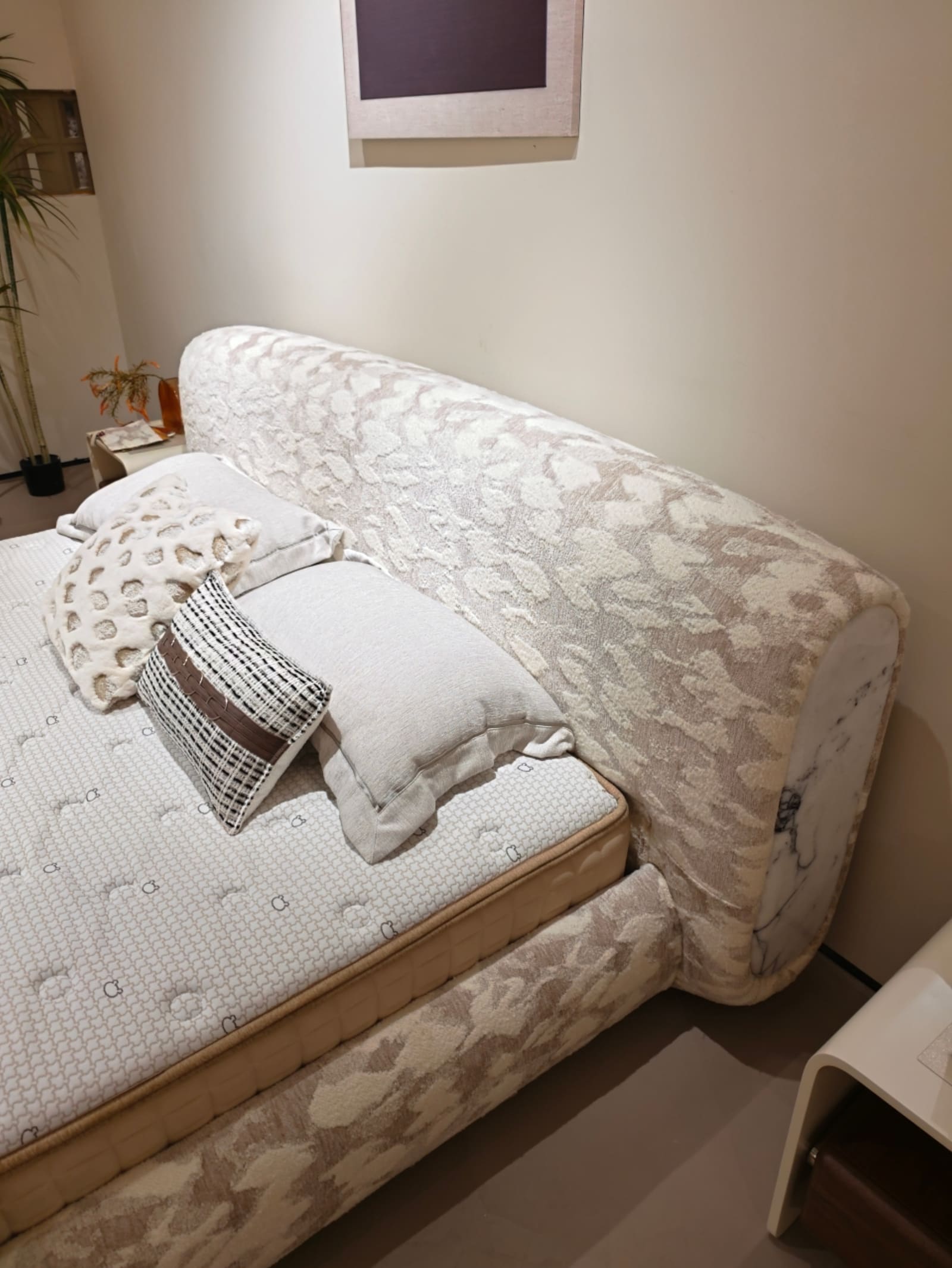 Chenille Upholstered Platform Bed with Botanical Print and Scalloped Headboard 8