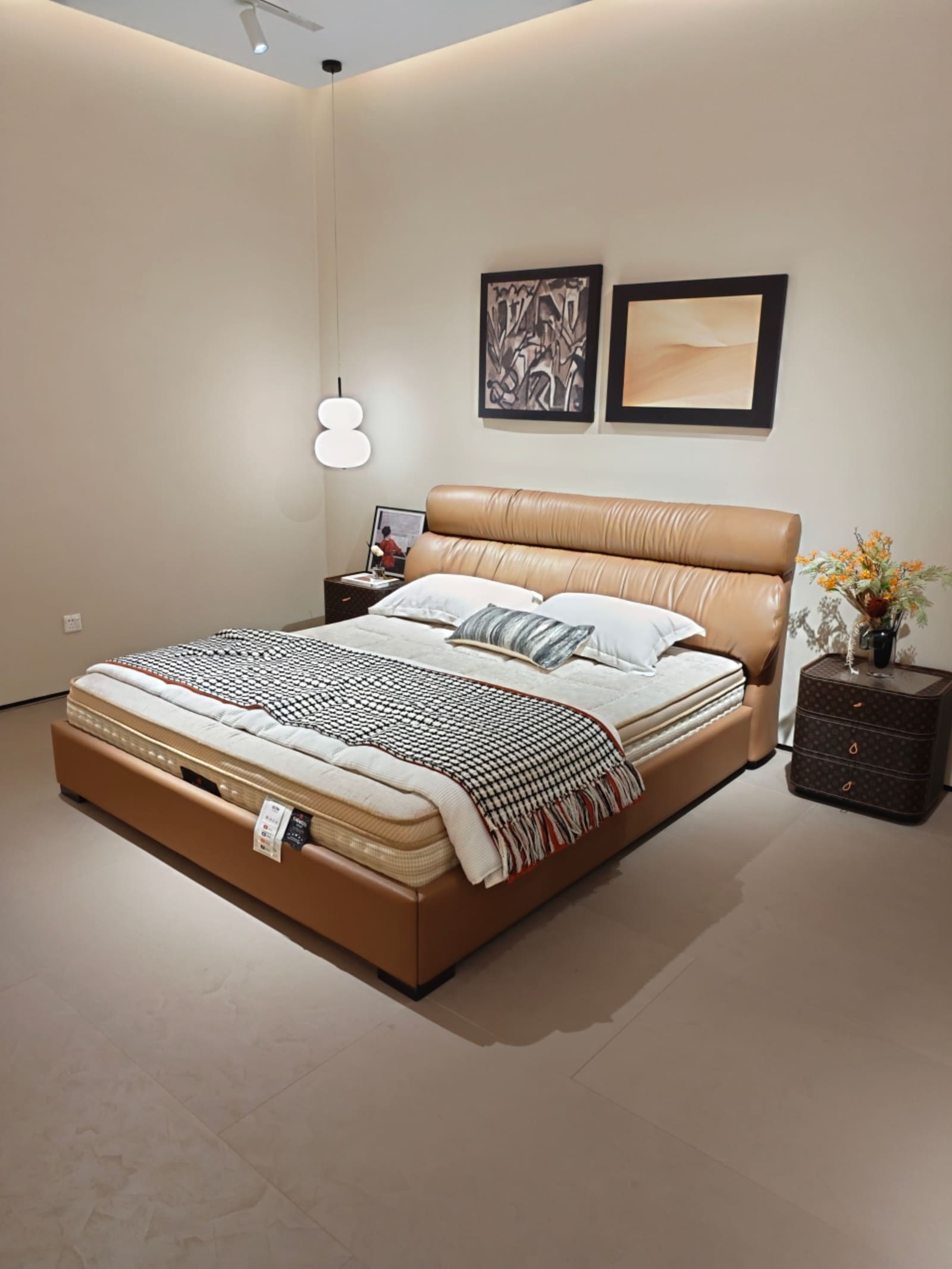 Top-Grain Leather Platform Bed with Horizontal Channel Tufting 2