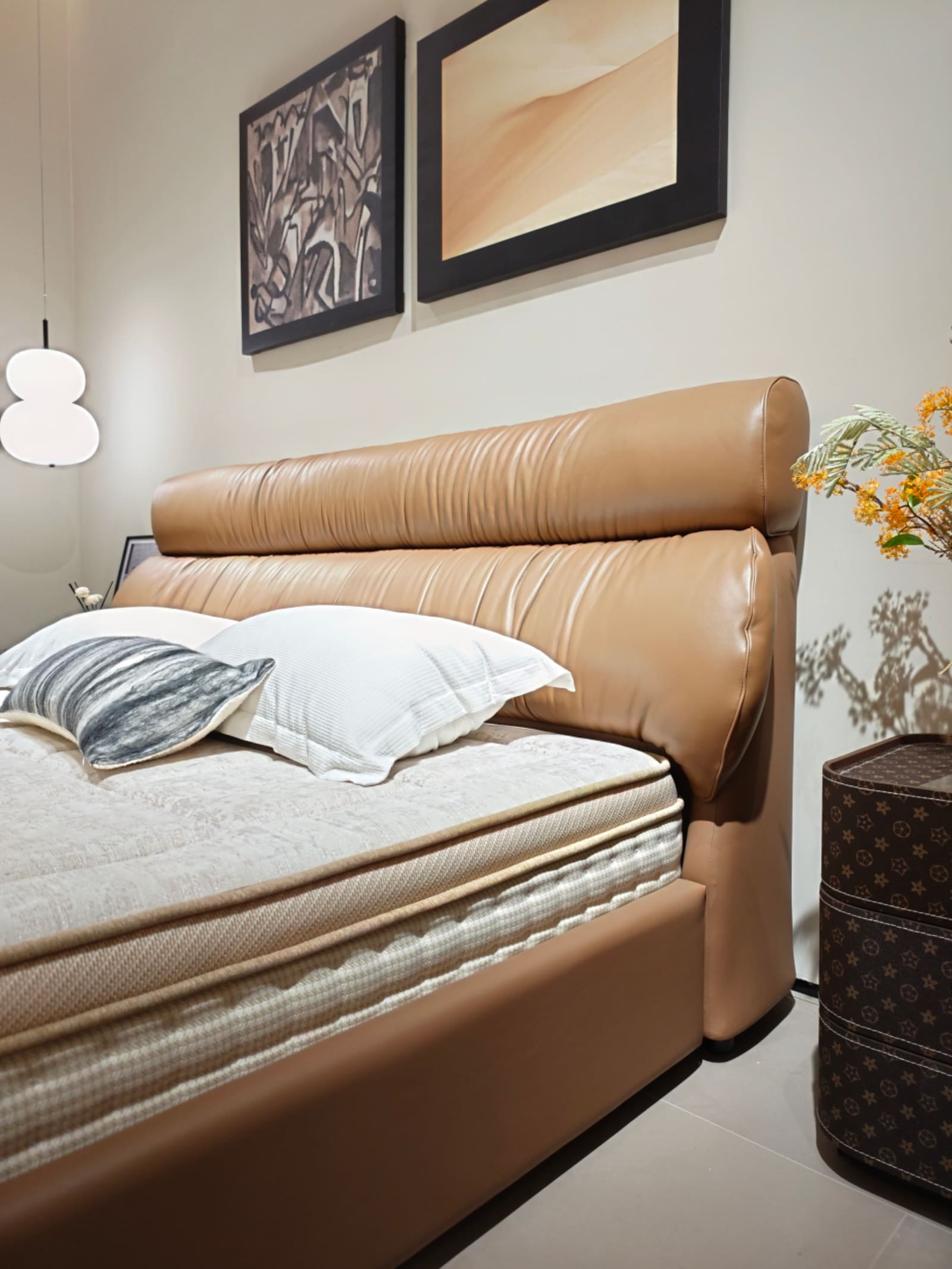 Top-Grain Leather Platform Bed with Horizontal Channel Tufting 4