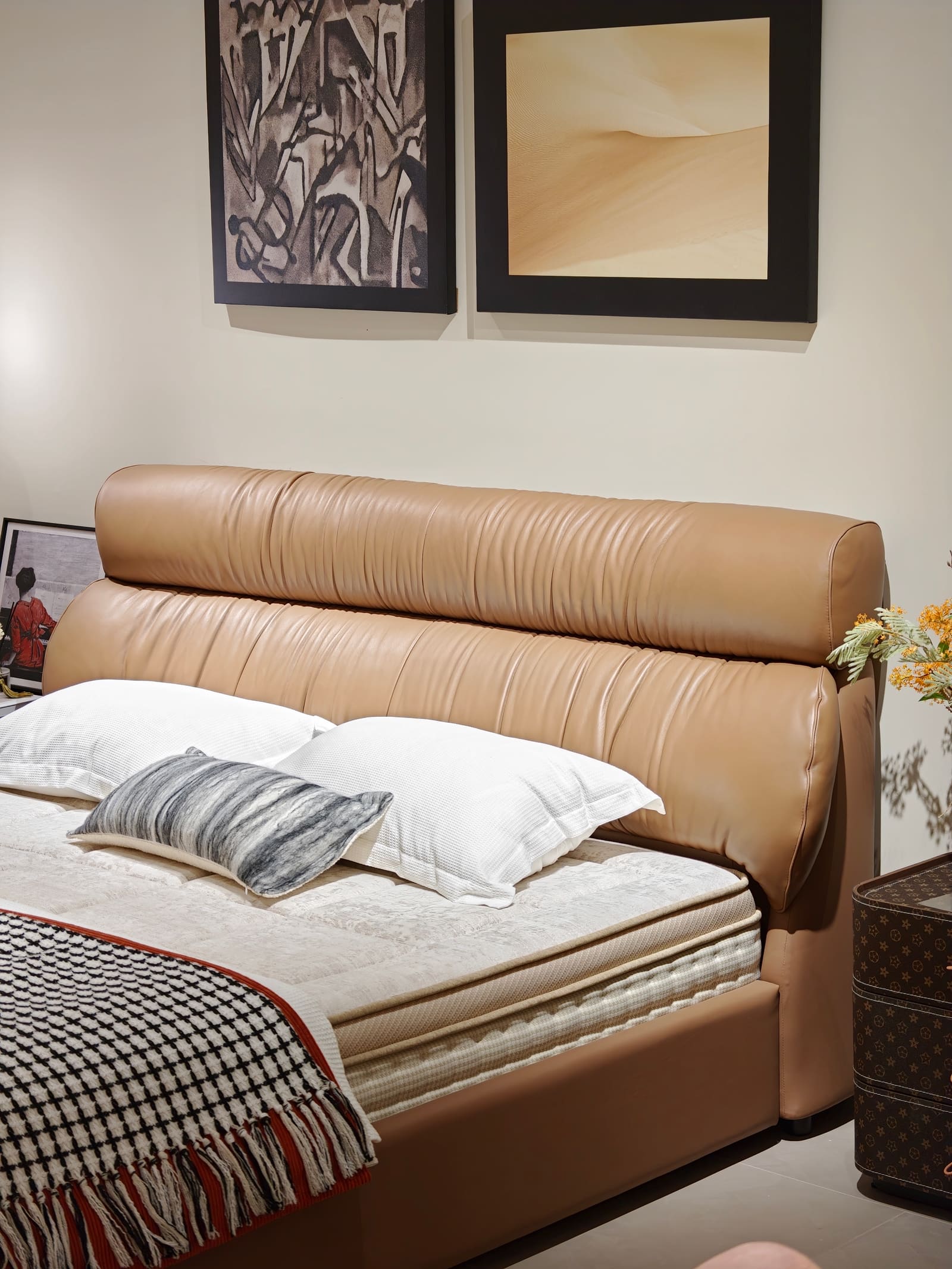 Top-Grain Leather Platform Bed with Horizontal Channel Tufting 8