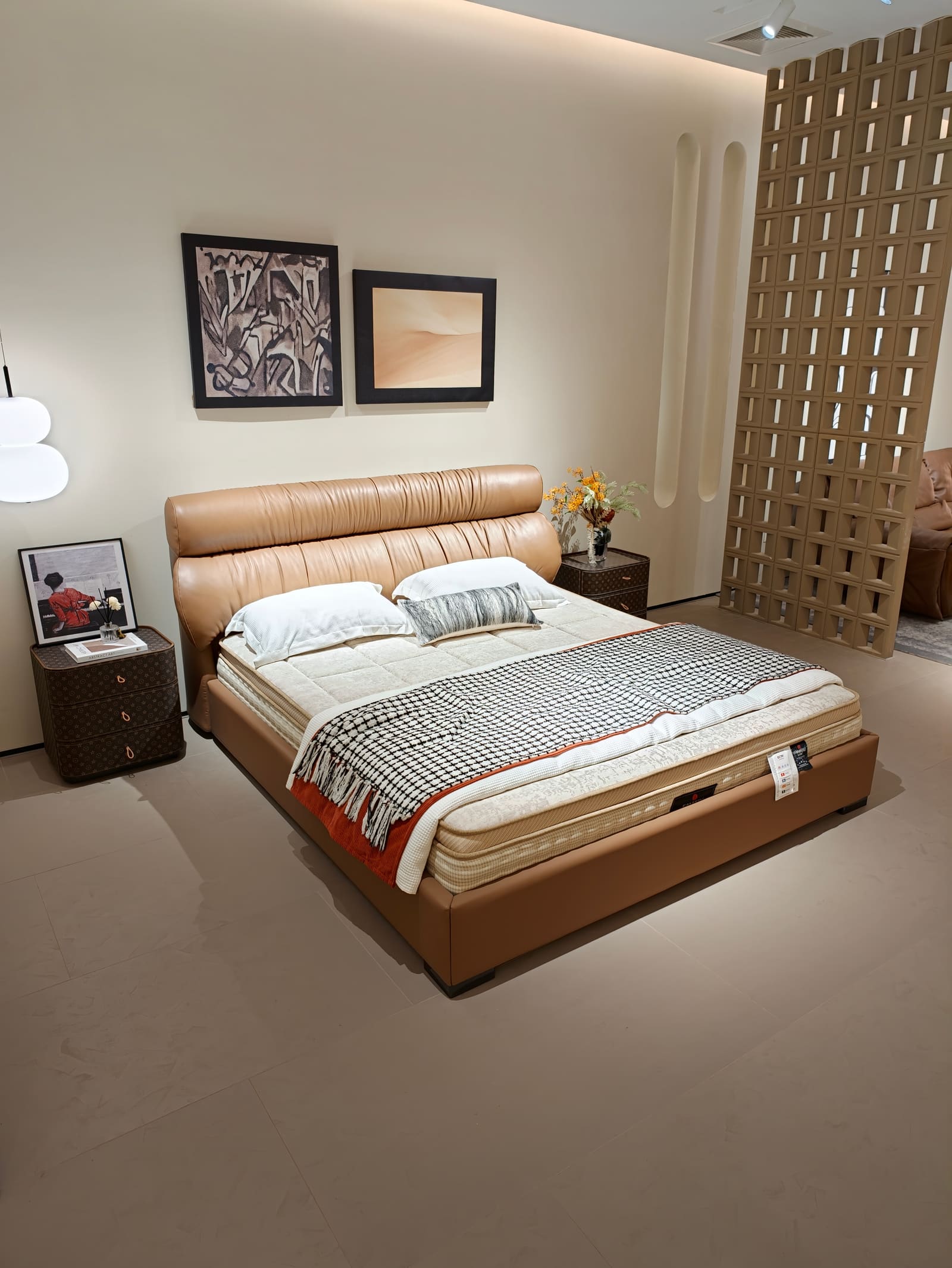 Top-Grain Leather Platform Bed with Horizontal Channel Tufting 10