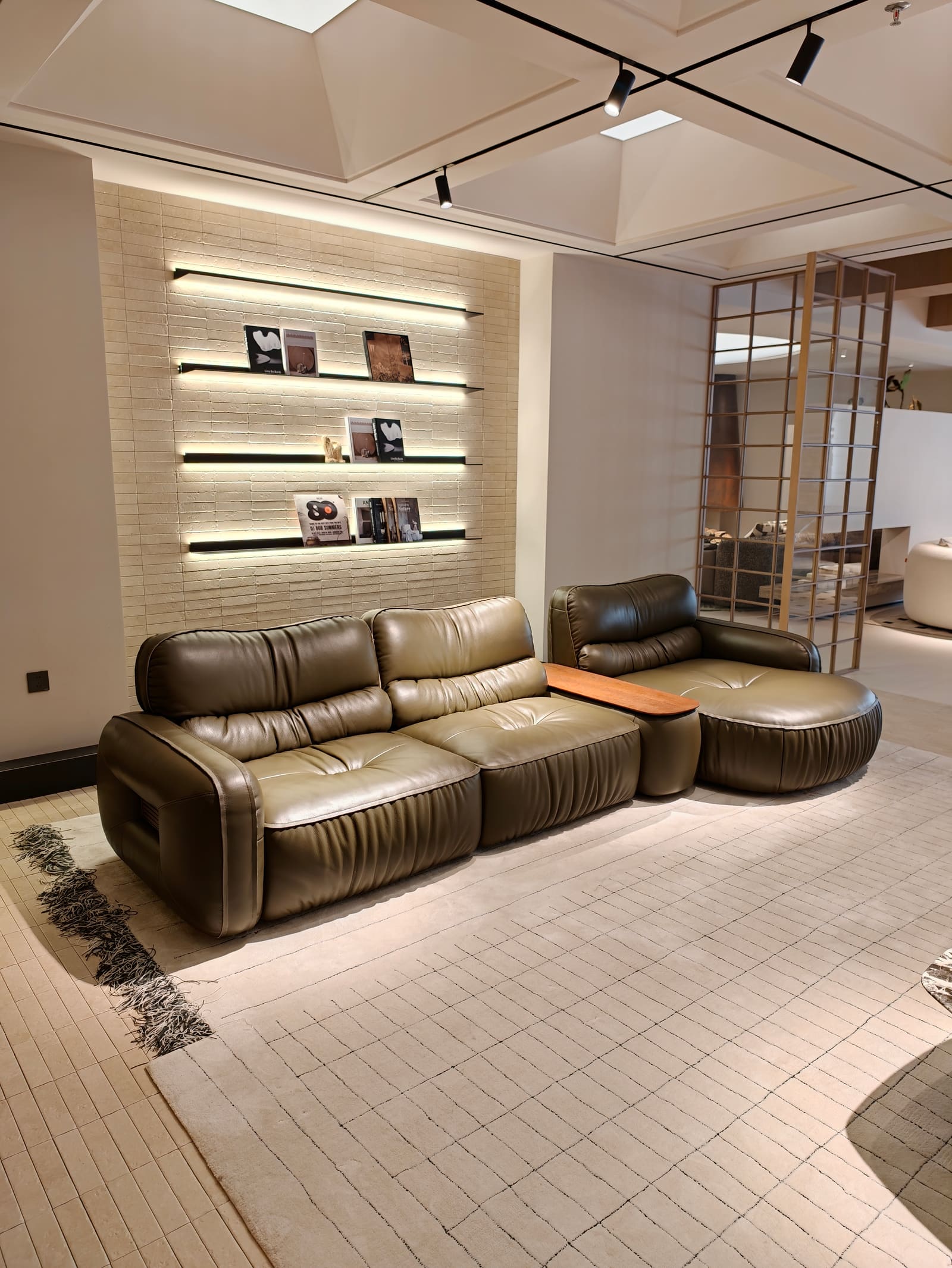 Compact Modular Top-Grain Leather Sofa with Chaise and Cabinet HD2456